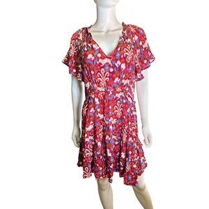 Anthropologie Red Multicolor Floral Ruffle V-Neck Short Sleeve Tiered Dress XS